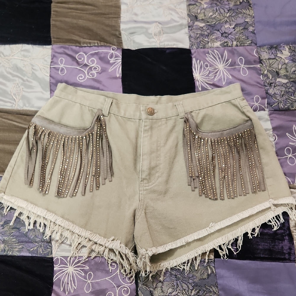 Main Strip Fringe and Jeweled Detail Denim Shorts